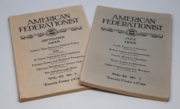 Item #02485 American Federationist: Official Magazine of the American Federation of Labor, Vol. 35, No. 9, September, 1928 [and] Vol. 36, No. 7, July, 1929 [two issues]. William GREEN.