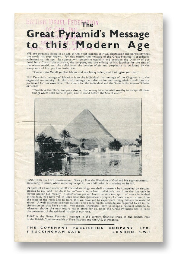 Item #02562 The Great Pyramid's Message to this Modern Age. The Covenant Publishing Co.