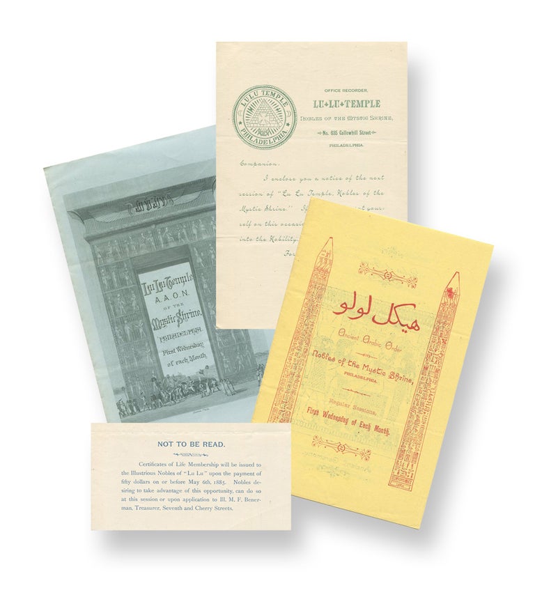 Item #02678 A few items related to the Philadelphia branch of the Ancient Arabic Order of the Nobles of the Mystic Shrine, Philadelphia, [1885]. The Ancient Arabic Order of the Nobles of the Mystic Shrine.