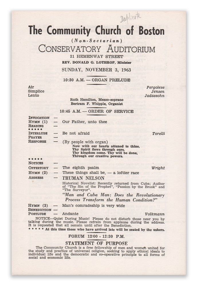 Item #05302 The Community Church of Boston [1963 program] [Sacco & Vanzetti interest]. Rev. Donald G. LOTHROP, Minister.