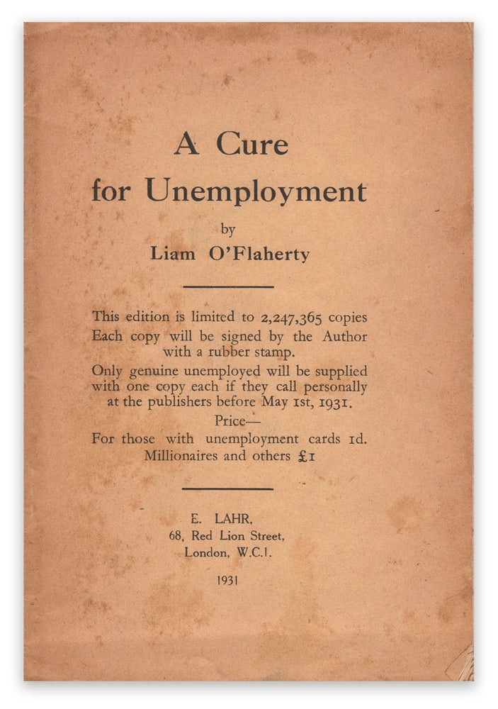 Item #05673 A Cure for Unemployment (Blue Moon Booklet No. 8). Liam O’FLAHERTY.