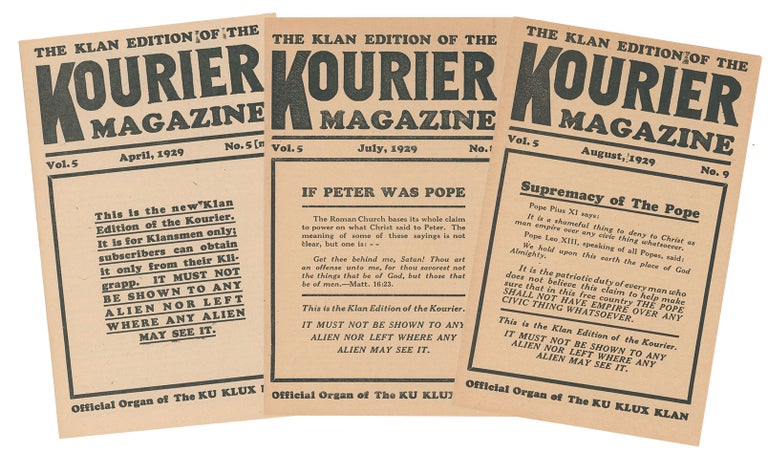Item #06065 Kourier Magazine, Vol. 5, Nos. 5, 8-9, April-August, 1929 [inaugural Klan edition plus two others]. Knights of the Ku Klux Klan.