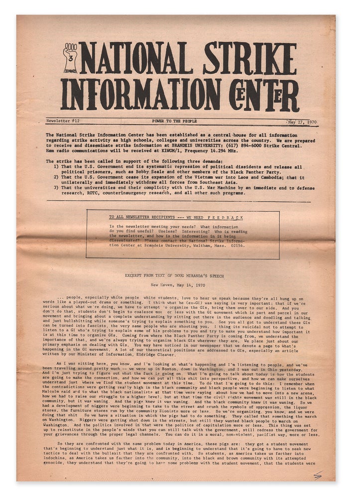 Item #06213 National Strike Information Center, Newsletter #12, May 27, 1970
