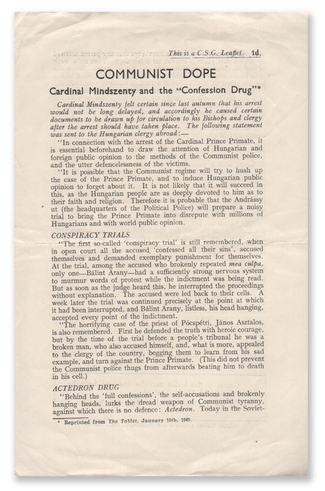 Item #06353 Communist Dope: Cardinal Mindszenty and the “Confession Drug.”