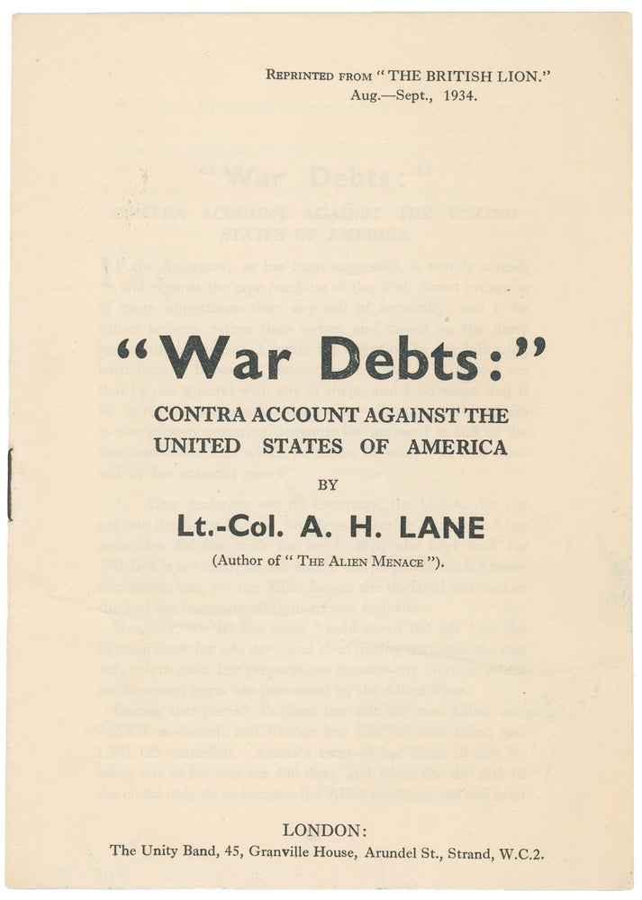Item #07529 "War Debts:" Contra Account Against the United States of America. Lt.-Col. A. H. LANE.