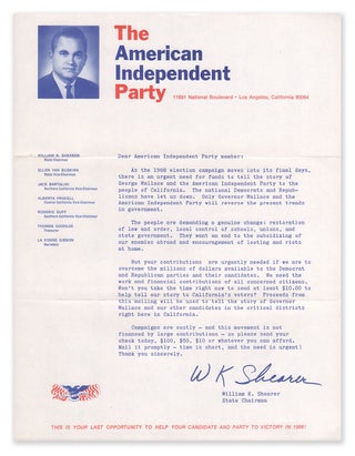 Item #07531 Campaign contribution letter for George Wallace and The American Independent Party....