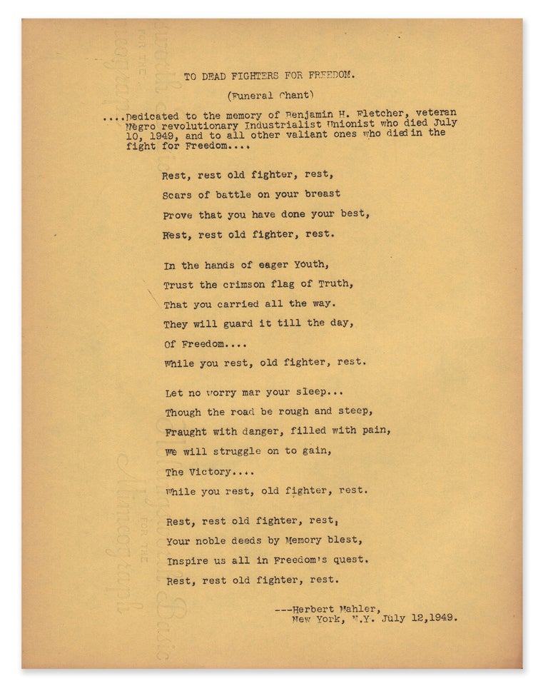 Item #07860 To Dead Fighters for Freedom (Funeral Chant) [broadside]. Herbert MAHLER.