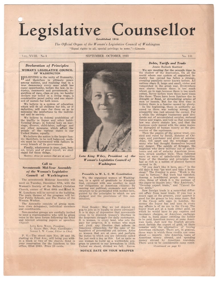 Item #08390 Legislative Counsellor, Vol. XVIII, No. 4 (No. 131), September - October, 1933. Sophie L. W. CLARK.