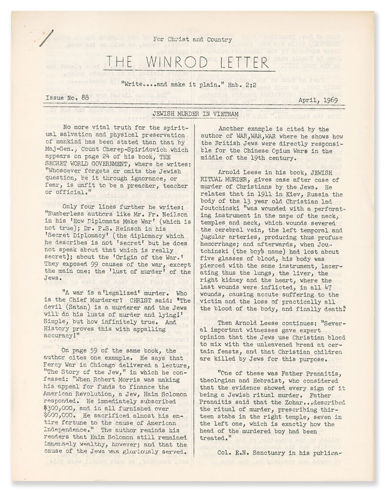 Item #10015 The Winrod Letter, Issue no. 88, April, 1969. Gordon Winrod.