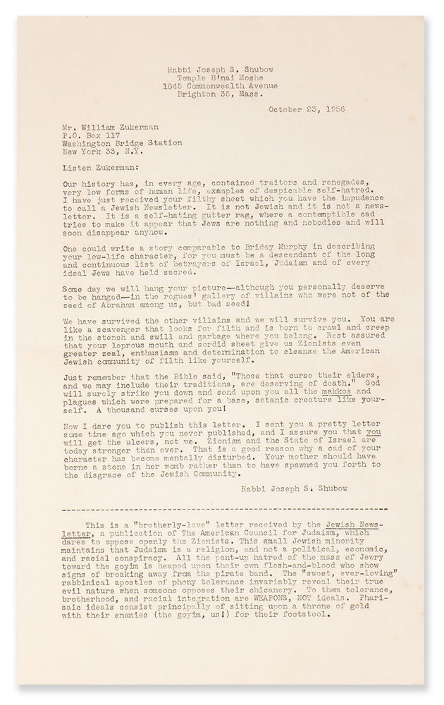 Item #10054 [Purported letter from Rabbi Joseph S. Shubow to Mr. William Zukerman likely concocted by an anti-Semite]