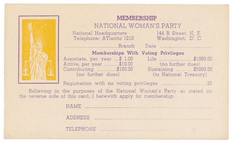 Item #10158 Membership Card of the National Woman's Party. Margaret Sebree.
