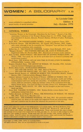 Item #10353 Women: A Bibliography, Edition 6, July-October 1970. Lucinda Cisler