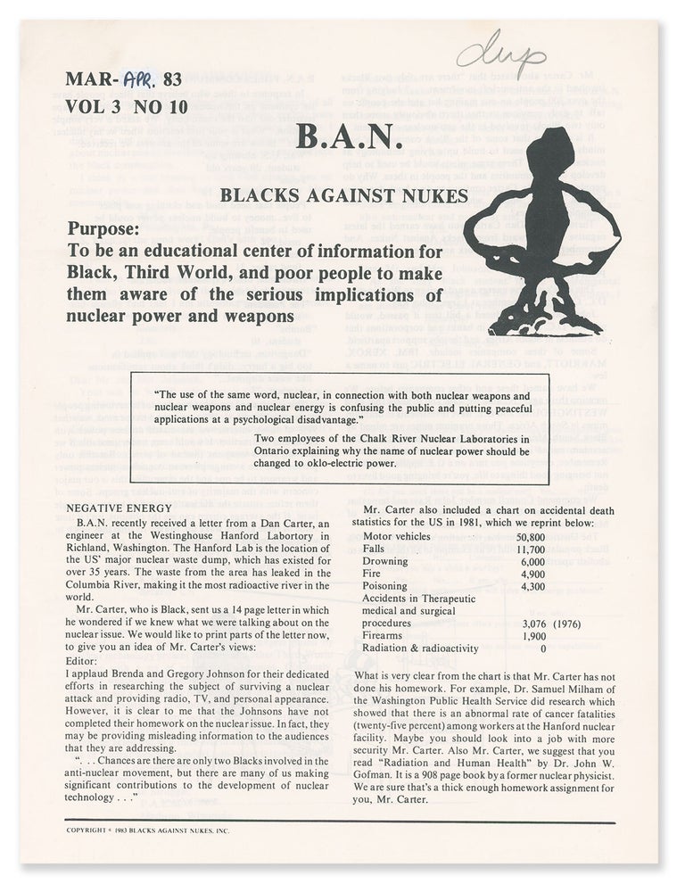 Item #10496 B.A.N. - Blacks Against Nukes newsletter, Vol. 3, No. 10, Mar-Apr. 1983