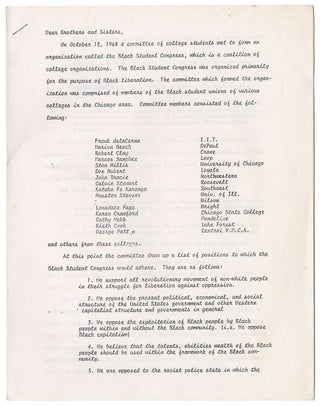Item #11126 A document issued by the Black Student Congress. Frank de la Cerna