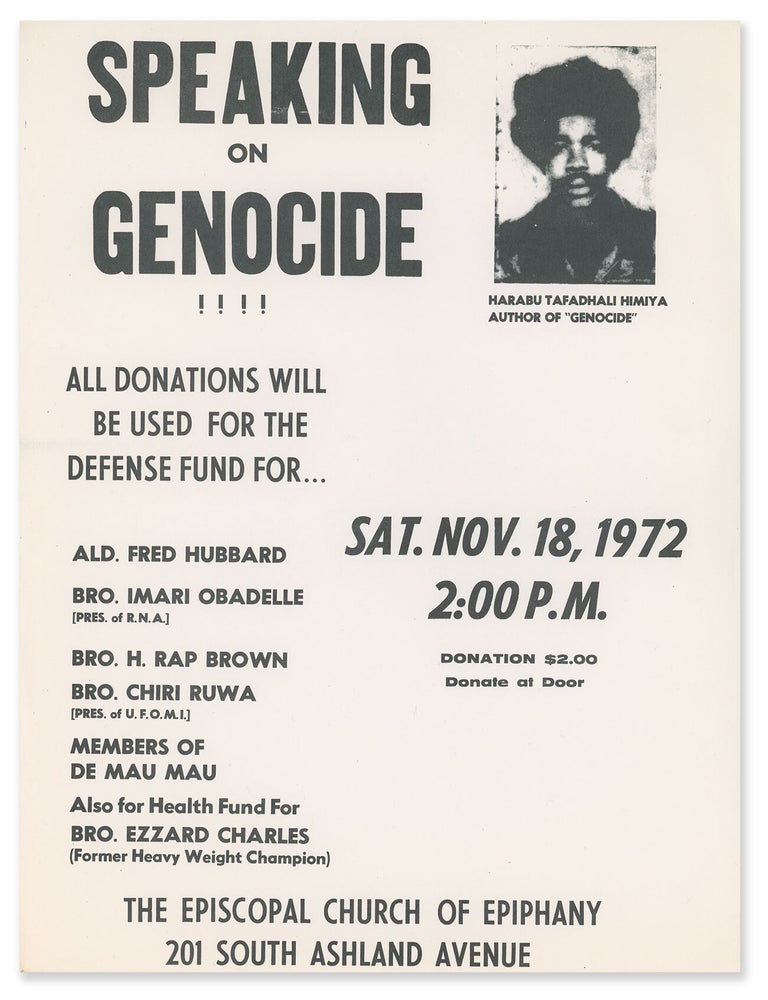 Item #11169 Speaking On Genocide: A poster and flyer for a fundraising speech by Harabu Tafadhali Himiya