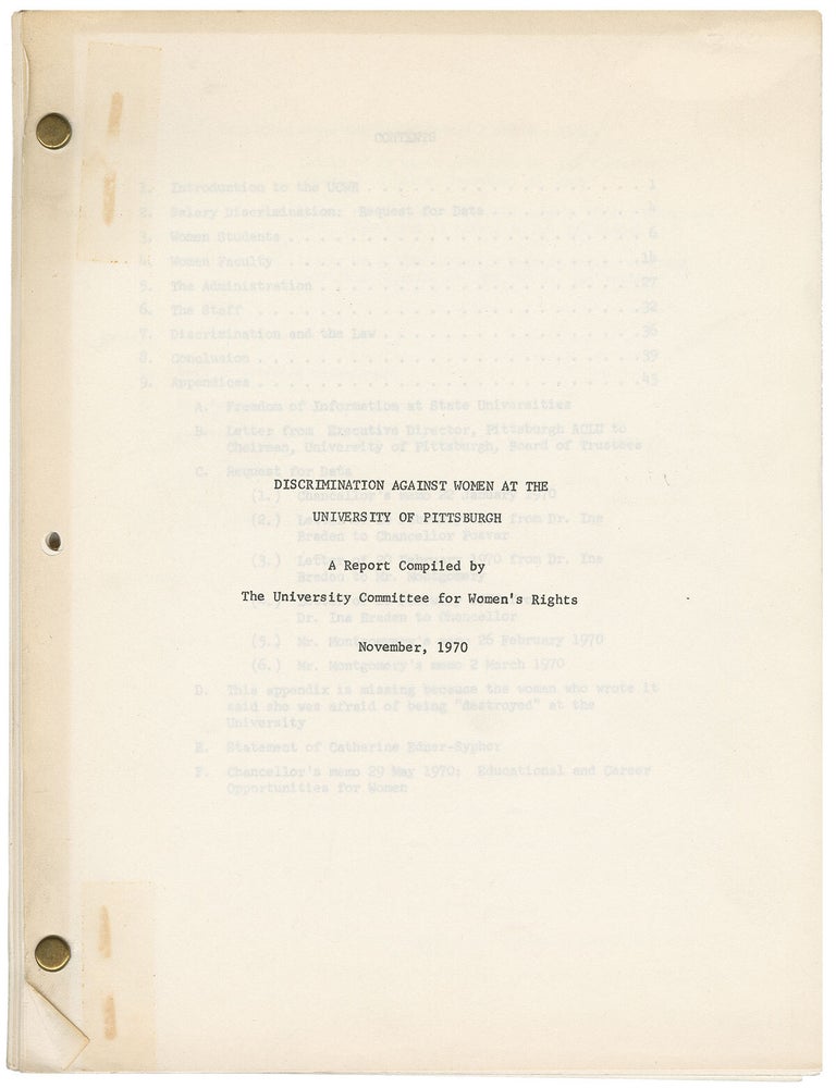 Item #11478 Discrimination Against Women at the University of Pittsburgh. The University Committee for Women's Rights.