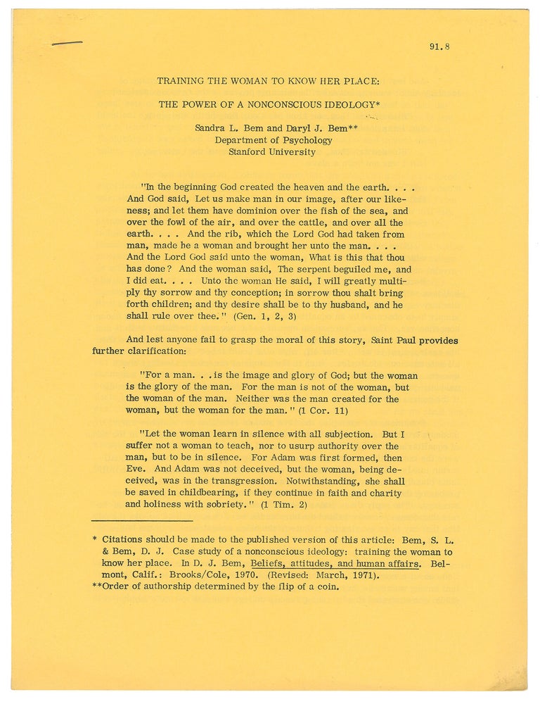 Item #11511 Training the Woman to Know Her Place: The Power of a Nonconscious Ideology. Sandra L. Bem, Daryl J. Bem.