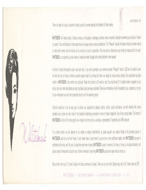 Item #11670 Prospectus for Whitebook, a "contact journal for women seeking the friendship of other women"