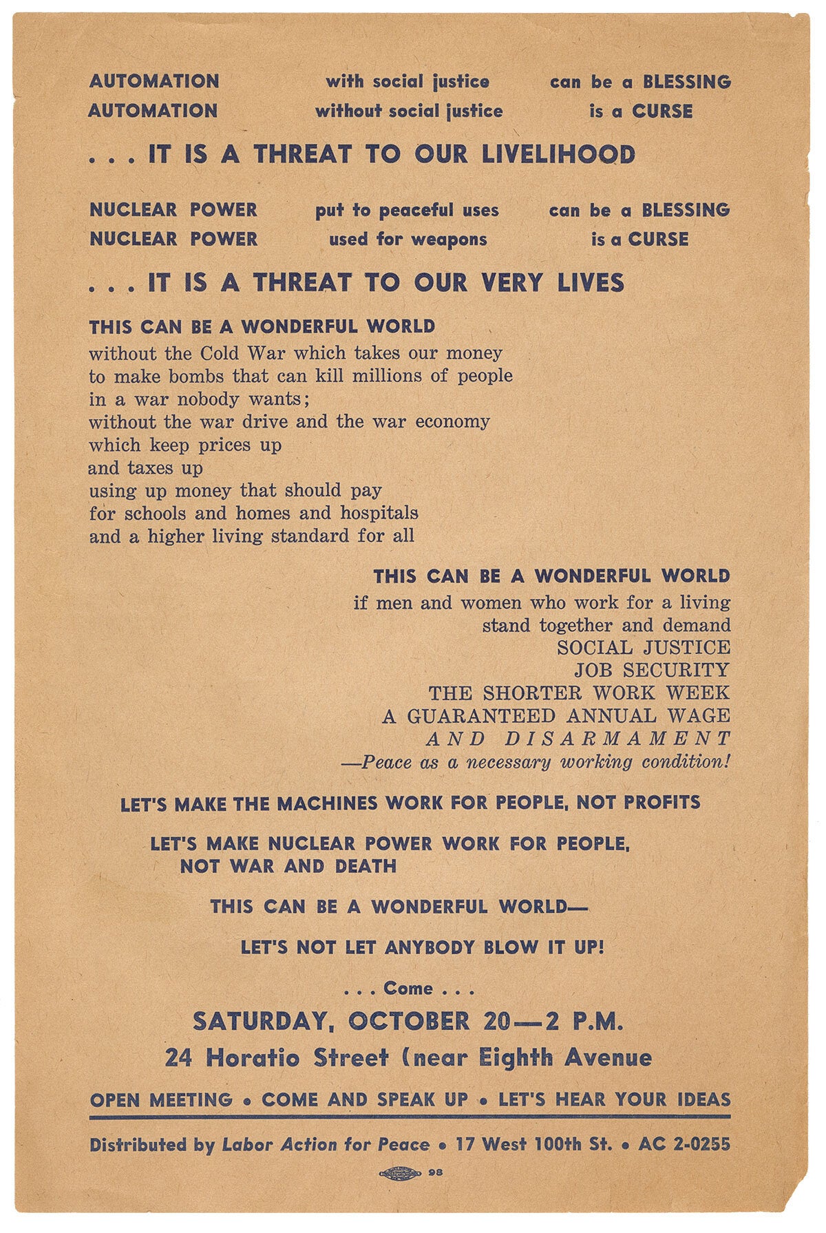 A handbill for a Labor Action for Peace meeting to discuss automation ...