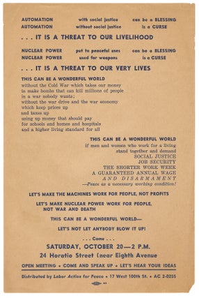 Item #11706 A handbill for a Labor Action for Peace meeting to discuss automation and nuclear power