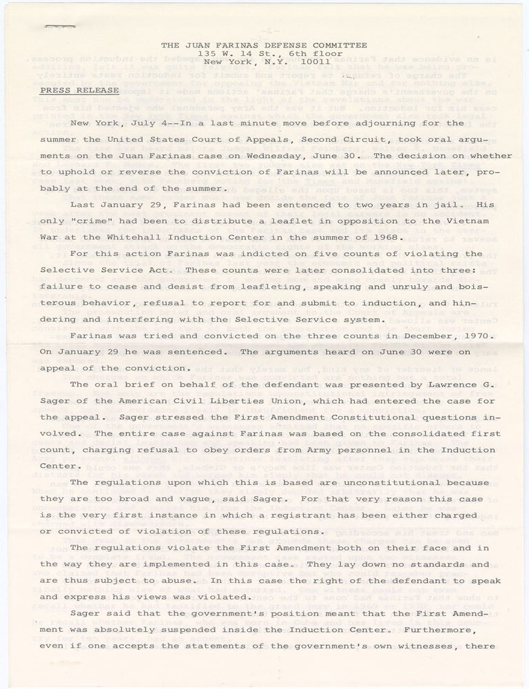 Item #11708 Press Release from The Juan Farinas Defense Committee. Juan Farinas Defense Committee.