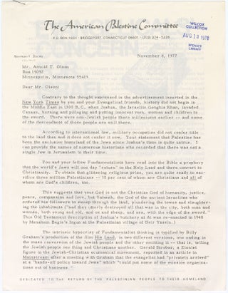 A form letter from Norman Dacey of the American Palestine Committee to Arnold Olson, President...