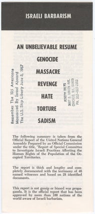 Item #11793 Israeli Barbarism: An Unbelievable Resume Genocide, Massacre, Revenge, Hate, Torture,...