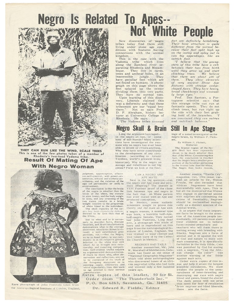Item #12954 Negro Is Related to Apes -- Not White People / Scientists Say Negro Still In Ape Stage, Races Positively Not Equal. Dr. Edward R. Fields.
