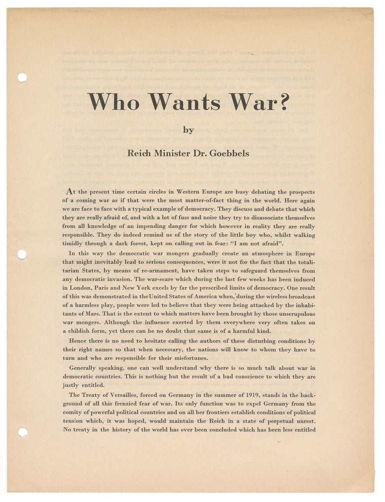 Item #13334 Who Wants War? Reich Minister Dr Goebbels.