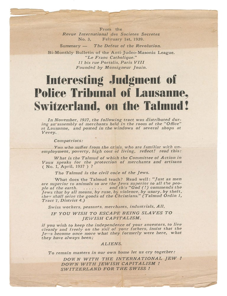Item #13367 Interesting Judgment of Police Tribunal of Lausanne, Switzerland, on the Talmud!