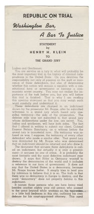 Item #13406 Republic on Trial. Washington Bar, A Bar to Justice. Statement by Henry H. Klein to...