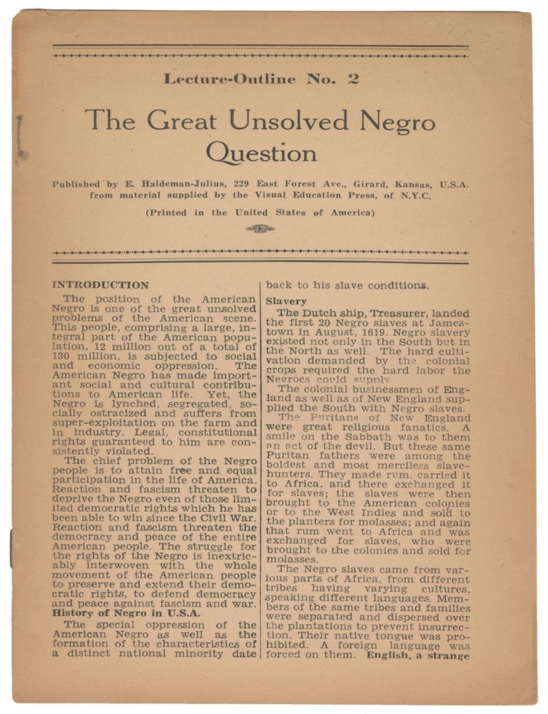 Item #13496 The Great Unsolved Negro Question (Lecture-Outline No. 2)