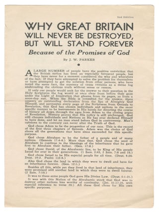 Why Great Britain Will Never Be Destroyed, but Will Stand For Ever Because of the Promises of God. J. W. Parker.