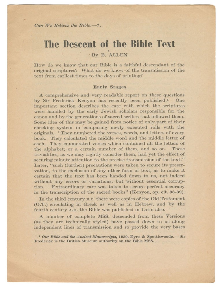 Item #13730 The Descent of the Bible Text (Can We Believe the Bible - 7). B. Allen.