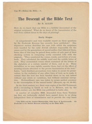 Item #13730 The Descent of the Bible Text (Can We Believe the Bible - 7). B. Allen