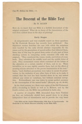 Item #13730 The Descent of the Bible Text (Can We Believe the Bible - 7). B. Allen