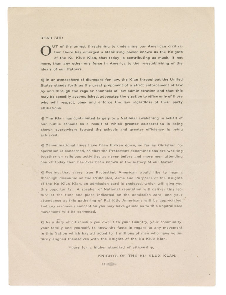 Item #13735 A circular letter from the Knights of the Ku Klux Klan