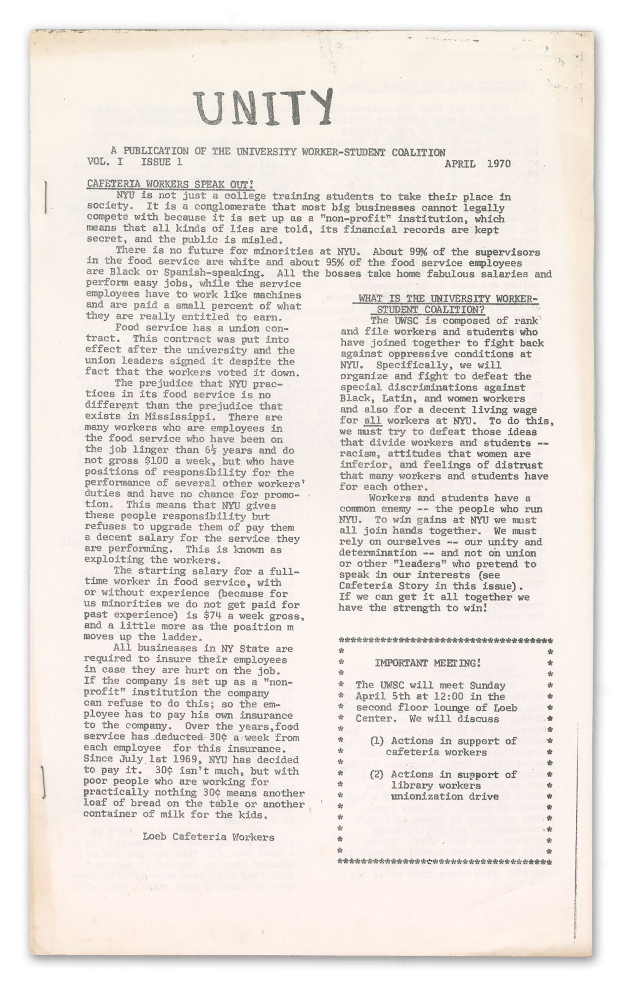 Unity, Vol. 1, No. 1