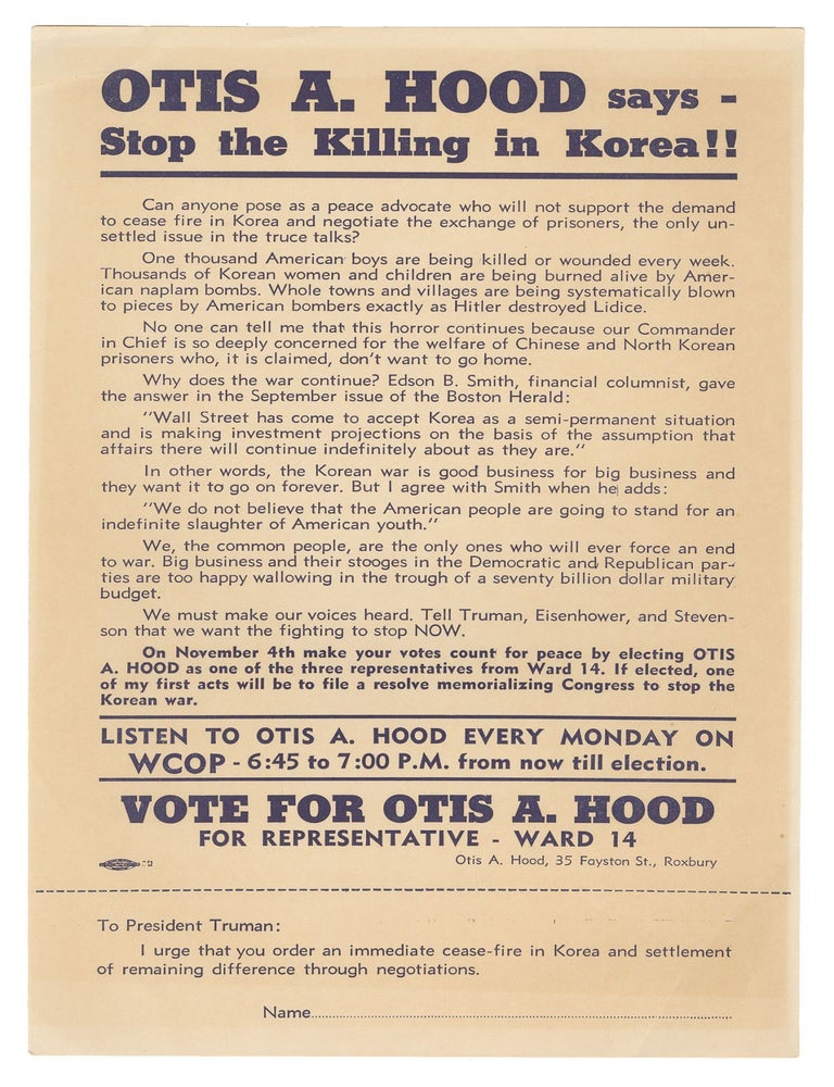 Item #13858 Otis A. Hood says - Stop the Killing in Korea!!
