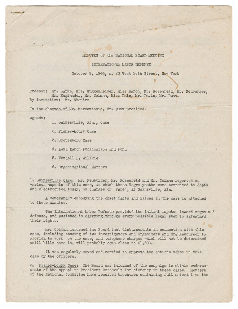 Item #13865 Minutes of the National Board Meeting, International Labor Defense [with] Facts and Issues in the "Gainesville Case" [memorandum]