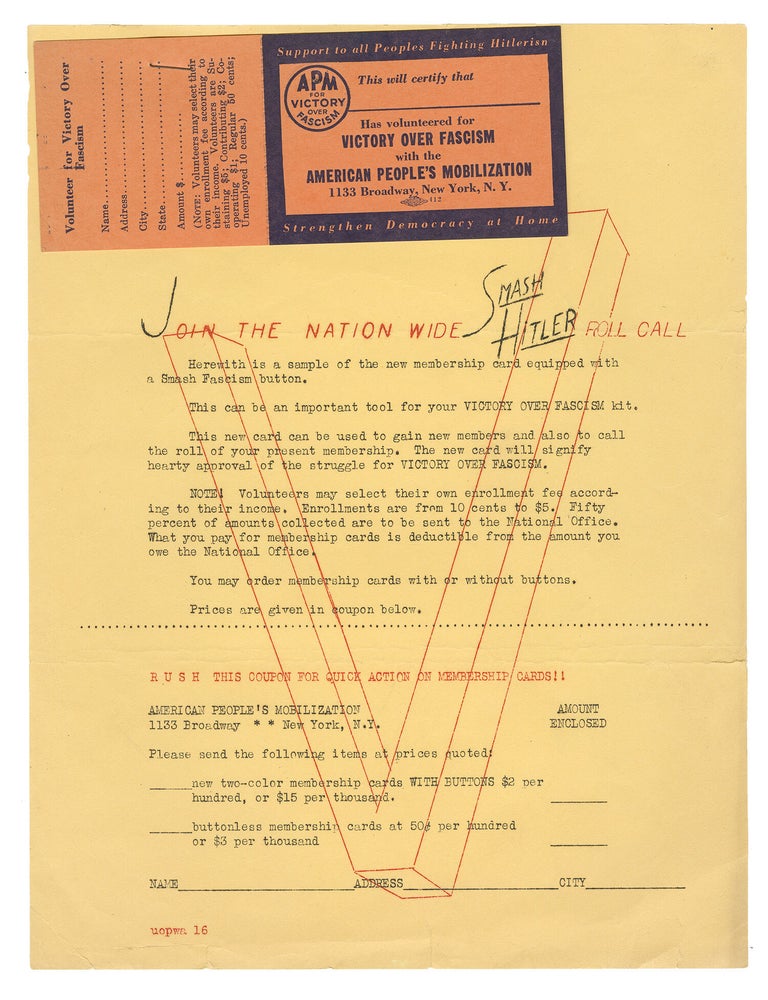 Item #13866 A blank membership card and flyer for the American People's Mobilization Victory Over Fascism campaign