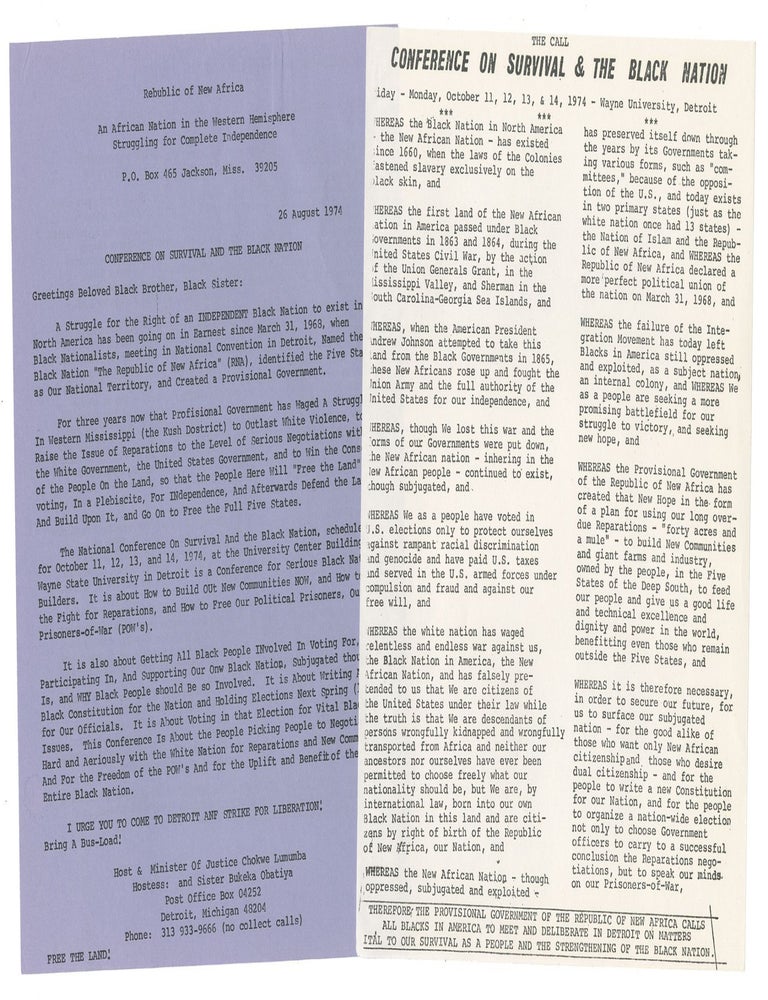 Item #13961 Two flyers for the Republic of New Africa's failed Conference on Survival and the Black Nation
