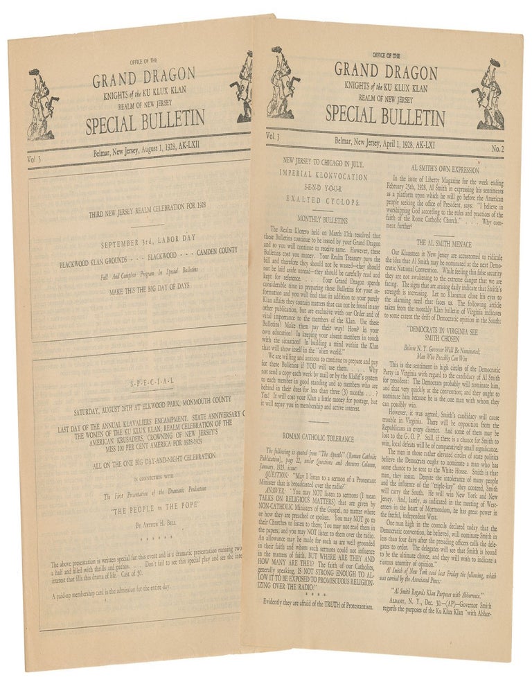 Item #14045 Two Special Bulletins from the Office of the Grand Dragon, Knights of the Ku Klux Klan, Realm of New Jersey. Arthur Bell.