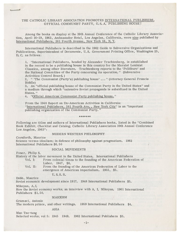 Item #14058 The Catholic Library Association Promotes International Publishers, Official Communist Party, U.S.A. Publishing House!