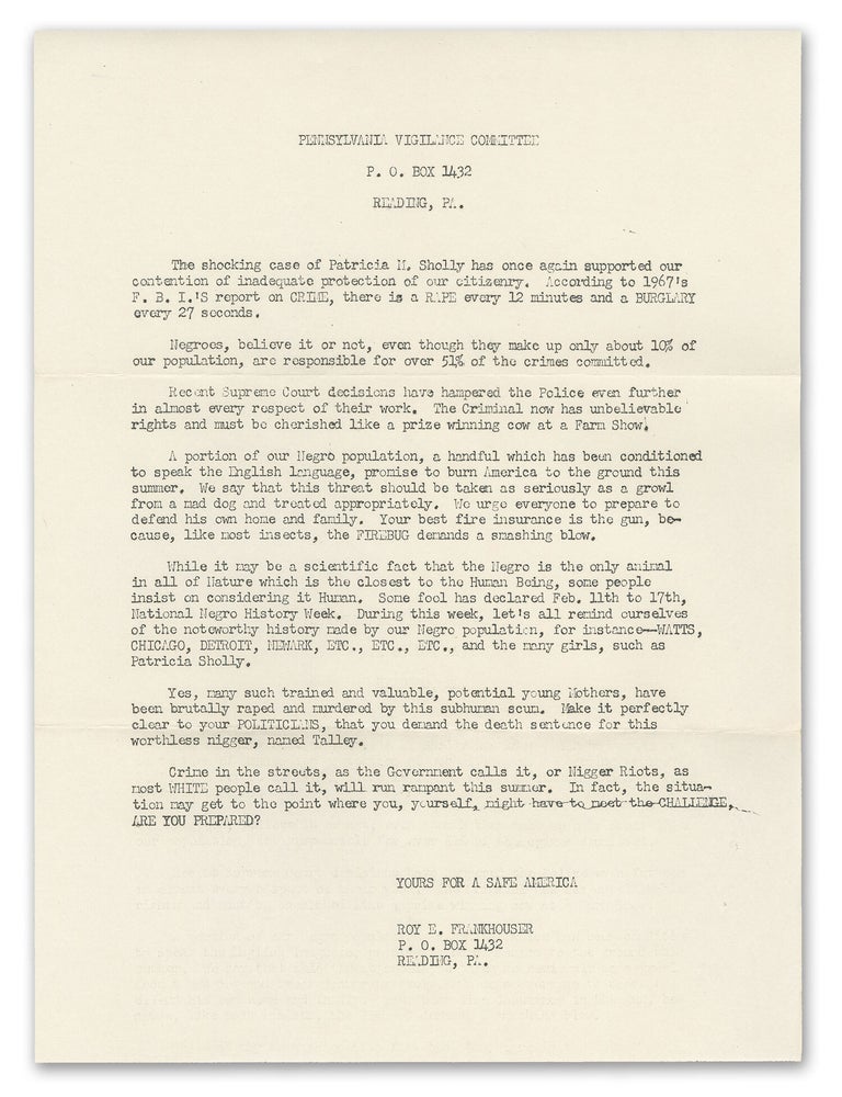 Item #14107 [A racist flyer from the Pennsylvania Vigilance Committee]. Roy E. Frankhouser.