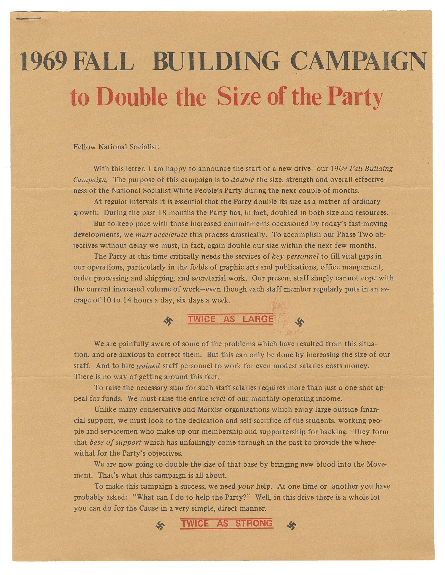 1969 Fall Building Campaign to Double the Size of the Party | Matt Koehl