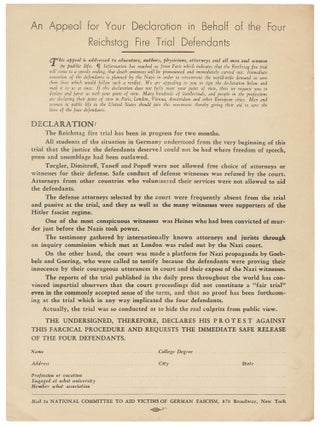 Item #14881 An Appeal for Your Declaration in Behalf of the Four Reichstag Fire Trial Defendants