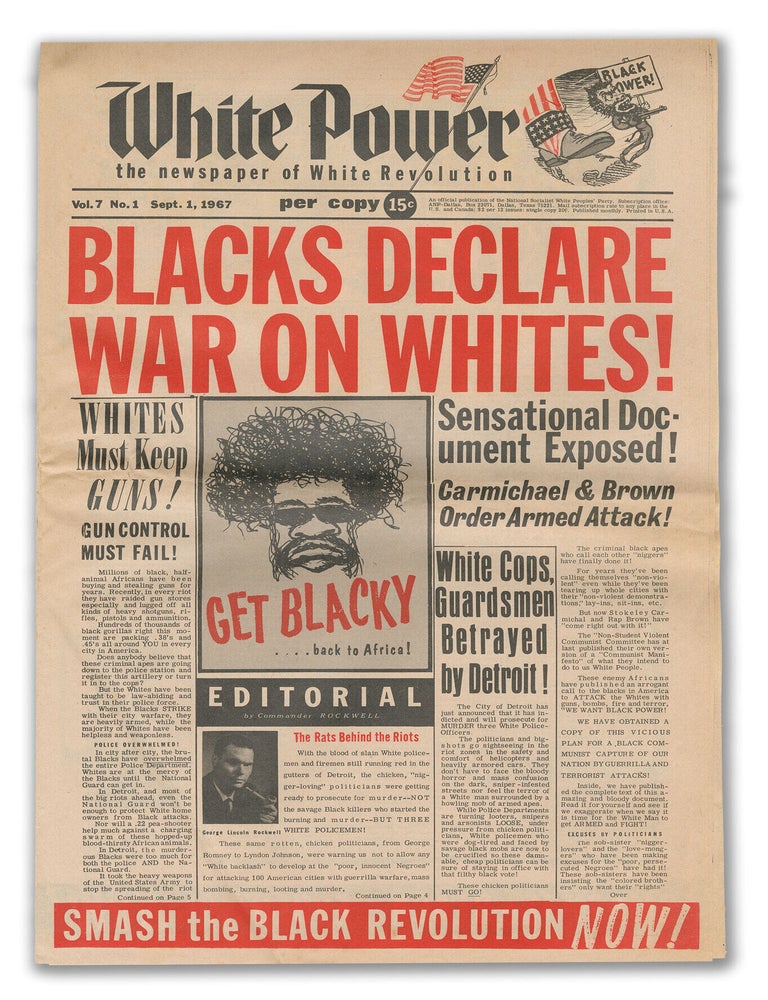 Item #14953 White Power: The Newspaper of White Revolution, Vol. 7, No. 1, Sept. 1, 1967. Commander Rockwell, editorial.