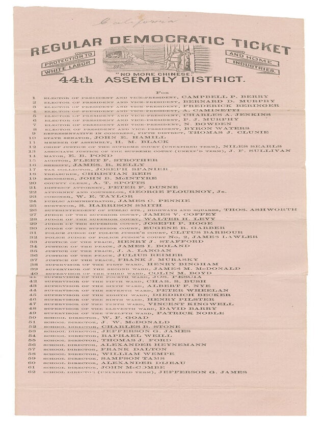 Item #15049 "Protect To White Labor and Home Industries" - "No More Chinese" - Regular Democratic Ticket, 44th Assembly District