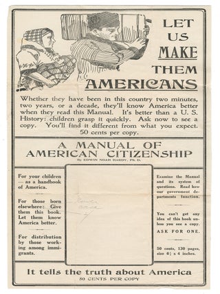 Item #15141 A promotional poster for Edwin Noah Hardy's pro-immigration book, A Manual of...